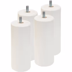 Jeu de 4 pieds en hêtre massif teinté blanc pour sommier tapissier. Hauteur: 15 cm. Diamètre Pied : 6 cm. Diamètre tige filet ...