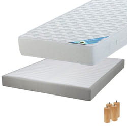 Altobuy - maldives - Pack Matelas 140x190 + Sommier Tapissier Démontable 2x20 Lattes Lin + Pieds Bois 15cm - Blanc