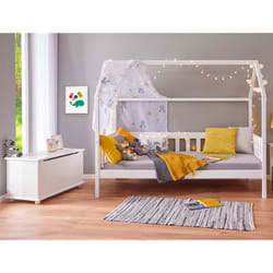 Sarry - Pack Lit Cabane à Barrières 90x200cm + Coffre Pin Massif - Blanc
