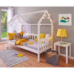 SARRY - Pack Lit Cabane à Barrières 90x200cm + Table de Chevet
