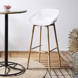 TRESSIE - Lot de 2 Tabourets Blancs Pieds Effet Bois Verni