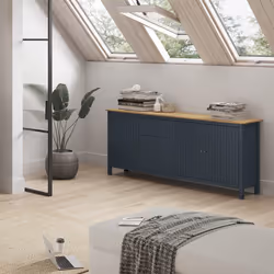 Tina - Buffet Bas 3 Portes 3 Tiroirs Bois Ciré et Bleu Pétrole