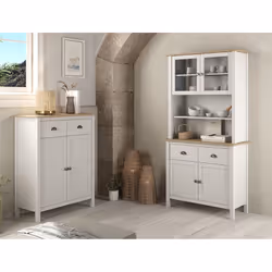 Altobuy - basco - Meuble d'Appoint 2 Portes 2 Tiroirs en Pin Massif Naturel et Blanc - Blanc