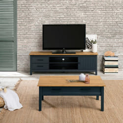TINA - Pack Salon avec Meuble TV + Table Basse en Bois Ciré et Bleu Pétrole