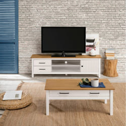 TINA - Pack Salon avec Meuble TV + Table Basse en Bois Ciré et Blanc