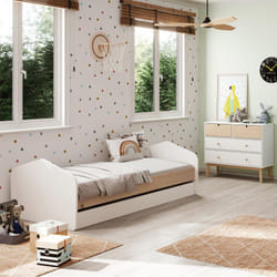 Kaina - Pack Lit 90x200cm avec Tiroir + Commode 4 Tiroirs Coloris Blanc et Naturel - Blanc