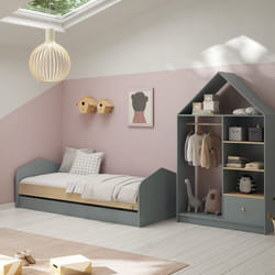 Altobuy - kaina - Pack Lit 90x200cm avec Tiroir + Dressing Cabane Coloris Gris et Naturel