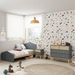 KAINA - Pack Lit 90x190cm + Chevet 2 Tiroirs + Commode 4T Coloris Gris et Naturel