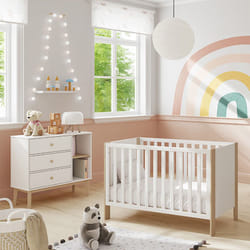 Kaina - Pack Lit Bébé 60x120cm + Commode 3 Tirois Coloris Blanc et Naturel