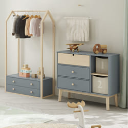 Kaina - Pack Commode 3 Tiroirs + Penderie 2 Tiroirs Coloris Gris et Naturel