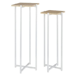 Altobuy - mox - Duo de Sellettes Gigognes Industrielles Aspect Bois et Métal Blanc - Marron clair