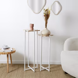 Altobuy - mox - Duo de Sellettes Gigognes Industrielles Aspect Bois et Métal Blanc - Marron clair