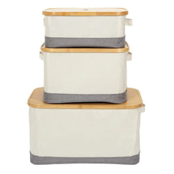 Lazen - Lot de 3 Panières Bambou avec Couvercle Tissu Blanc et Gris