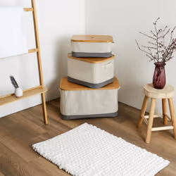 Lazen - Lot de 3 Panières Bambou avec Couvercle Tissu Blanc et Gris