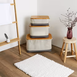 Lazen - Lot de 3 Panières Bambou avec Couvercle Tissu Blanc et Gris