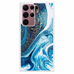 Coque en silicone renforcé imprimée compatible Samsung Galaxy S22 Ultra Marbre Bleu Pailleté
