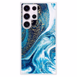 Coque en silicone renforcé imprimée compatible Samsung Galaxy S23 Ultra Marbre Bleu Pailleté