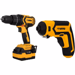 Très pratique, ce pack VITO regroupe 2 outils. La perceuse à batterie lithium VITO + accessoires, 2 batteries et chargeur + l ...