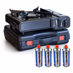 Réchaud à gaz 2200w portable + 4 bouteilles de gaz camping. Système d'allumage piézo avec levier de verrouillage et support c ...