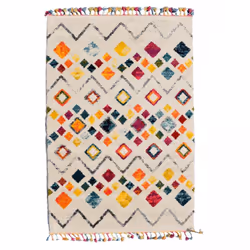 Tapis entrée 60x110 tissé crème et jaune rectangle motif géométrique PUBO
