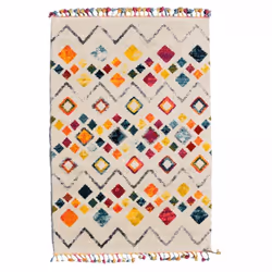 Tapis chambre 120x170 tissé crème et jaune rectangle motif géométrique PUBO