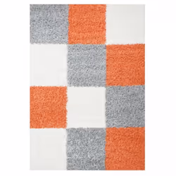 Tapis poils longs shaggy 60x110 rectangle tissé orange et gris motif damier