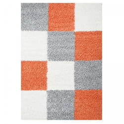 Tapis poils longs shaggy 60x110 rectangle tissé orange et gris motif damier