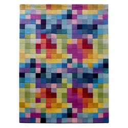Tapis tufté main en laine motif carré multicolore