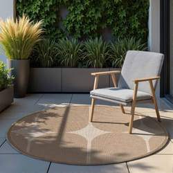 Tapis Exterieur 160 X 160-rond Cm, Motif Géométrique Kilim, Beige, Marron, Forme Rond Authentique, Structure Graphique, Idéal Pour Terrasse