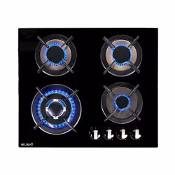 BELDEKO - Plaque de cuisson gaz - 4 Foyers - Double couronne - 7800W - encastrable - verre noir