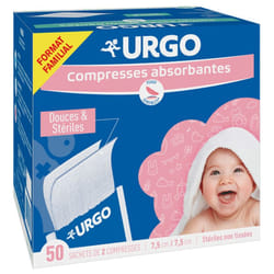 Urgo Compresses Absorbantes Douces & Stériles Non Tissées 7,5 cm x 7,5 cm 50 Sachets de 2 Compresses