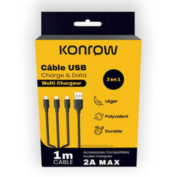 Konrow KC3IN1PB - Câble USB 3 en 1 - Type C Micro USB & Lightning vers Type A - 1m - Blanc (Blister)