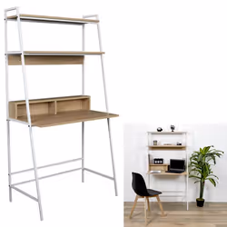 Bureau Zack double étagère - L. 8150 x H. 160 cm. - Bois et Blanc