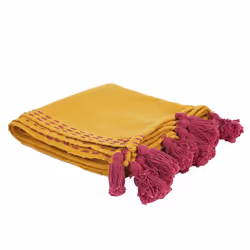 Jeté de Canapé Coton Pompons 130x150cm Ocre