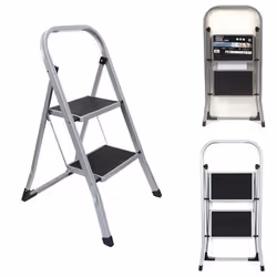 Escabeau en métal pliant 2 marches - JE CHERCHE UNE IDEE - Gris et noir - Antidérapant - 150 kg