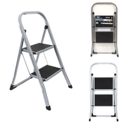 Escabeau en métal pliant 2 marches - JE CHERCHE UNE IDEE - Gris et noir - Antidérapant - 150 kg