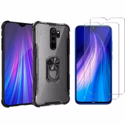 Compatible Xiaomi Redmi Note 8 Pro-Coque anti chute avec anneau béquille + 2 Films vitre écran en Verre trempé résistant