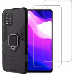 Xiaomi Mi 10 Lite 5G - Coque Résistante avec béquille + 2 Films en Verre trempé Anti Casse écran [Novago®]