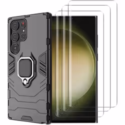 Compatible Samsung Galaxy S23 Ultra 5G - Coque Résistante avec béquille et 3 Films Protection écran verre trempé incurvé 3D