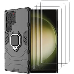 Compatible Samsung Galaxy S23 Ultra 5G - Coque Résistante avec béquille et 3 Films Protection écran verre trempé incurvé 3D