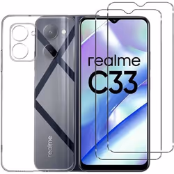 Compatible Realme C33 - Coque Résistante Transparente et 2 Films protections écran verre trempé [Novago]
