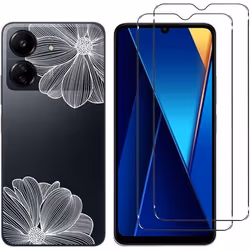 Coque et protection décran - Xiaomi - POCO C65/Redmi 13C - Silicone souple - 2 films verre trempé - Fleurs