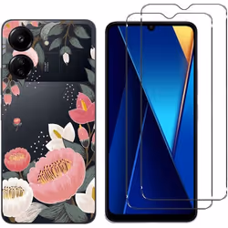 Coque et protection décran - Xiaomi - POCO C65/Redmi 13C - Silicone souple - Verre trempé 9H - Motif fleur