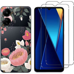 Coque et protection décran - Xiaomi - POCO C65/Redmi 13C - Silicone souple - Verre trempé 9H - Motif fleur