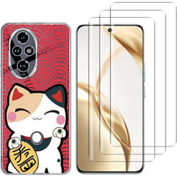Pour Honor 200 5G - Pack complet Coque transparente souple motif chat + 3 films verre trempé 3D incurvé avec colle fournie.