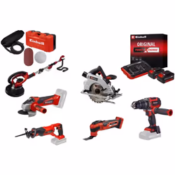 Kit chantier sans fil Einhell – Meuleuse, scies, perceuse, ponceuse girafe + 2 batteries 4.0Ah + chargeur double Ce kit chant ...