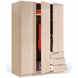 Armoire complete trois portes battantes et trois tiroirs, en melamine coloris chene. L’armoire est composee : d'une pendrie c ...