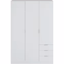 Armoire complete trois portes battantes et trois tiroirs, en melamine coloris blanc, L’armoire est composee : d'une pendrie c ...