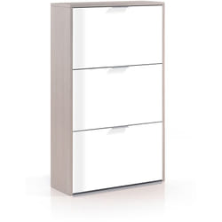 Meuble a chaussures 3 abattants coloris chene / blanc Brillant en melamine - Dim: 113 x 60 x 22 cm Pegane
