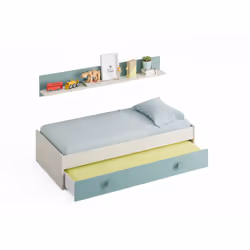 Lit avec un grand tiroir, coloris Blanc Alpes et vert Acqua en melamine. Le lit est livre avec une etagere dans les memes cou ...